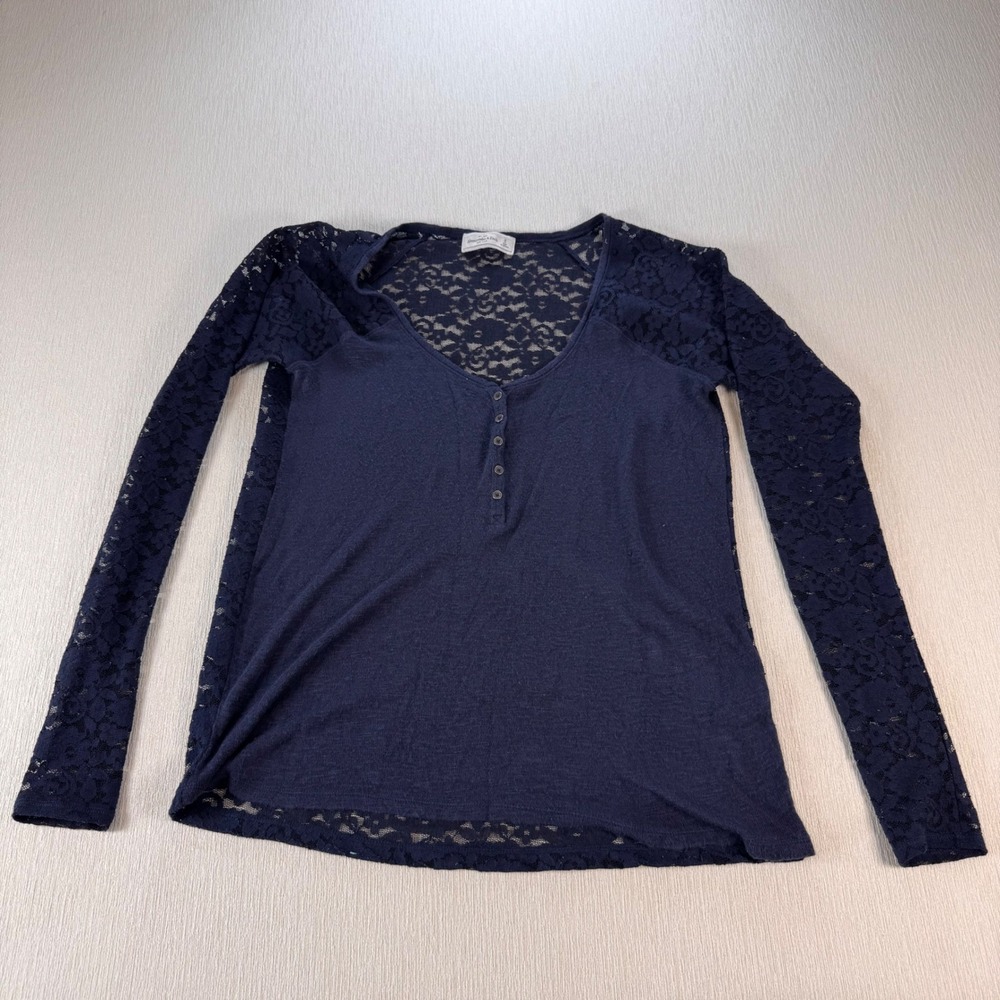 Abercrombie & Fitch Navy Blue Lace Back Long Sleeve Henley Top Small S